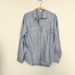 NWT VLT’s by Valentina’s Chambray Light Blue Linen Button Down Blouse Top Size S